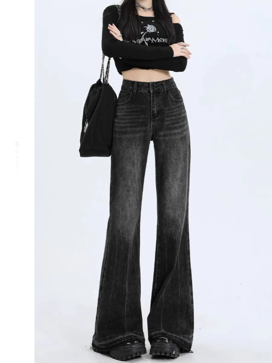 

American Retro Bell Bottom Jeans Women's Spring Autumn Large Size Slimming Non-Matching Hoof Wide Leg Pants