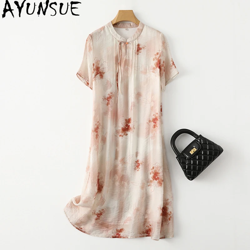 

AYUNSUE 91% Genuine Mulberry Silk Women's Dresses Cheongsam Summer Dress 2024 Tassel Women Clothing New Chinese Mid Long Dresses