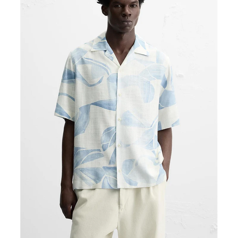 

Новые летние мужские свободные кроя ort Sve irt, льняная смесь с принтом, повседневная одежда с кубинским воротником, удобная дышащая одежда