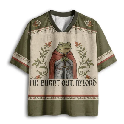 V Neck Mesh Jersey Short Sleeve Medieval Knight Frog Vintage Print Top