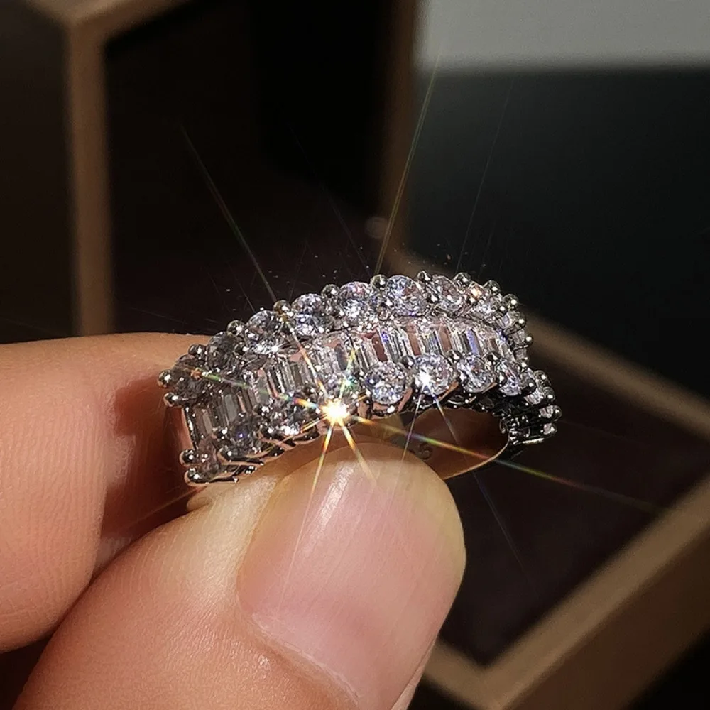 Luxury Shining Silver Color Three-layer Row Inlaid 5A Zircon Geometry Finger Rings for Women Bride Wedding Marriage Jewelry Gift