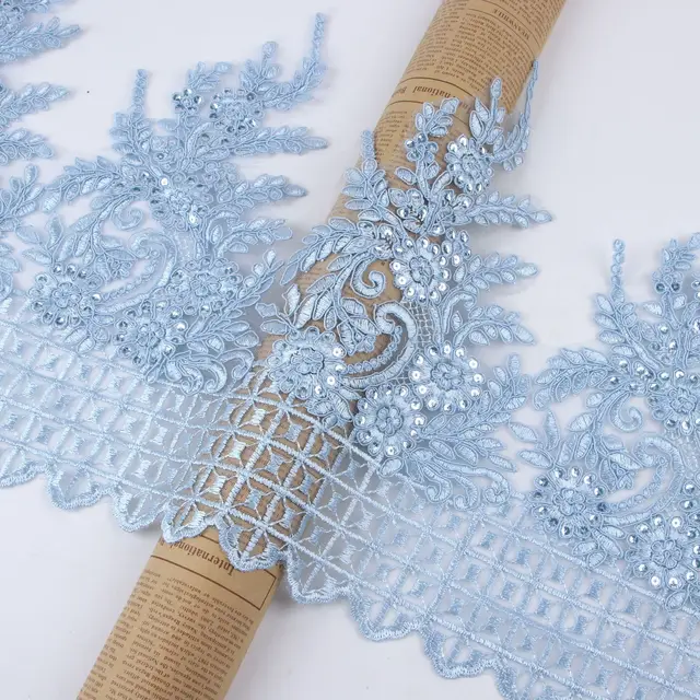 1 jard niebieskiej cekinowej tkaniny kwiatowej Venise Venice Mesh Lace Trim Applique Sewing Craft for Wedding Dec. 31cm szerokości