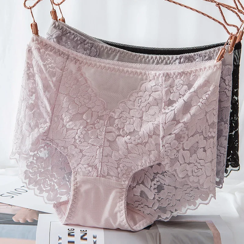 Ladies Sexy Lace Mesh Panties High-waist Seamless Underwear Briefs Transparent Silk Women Knickers Lingerie 3XL Female Intimates