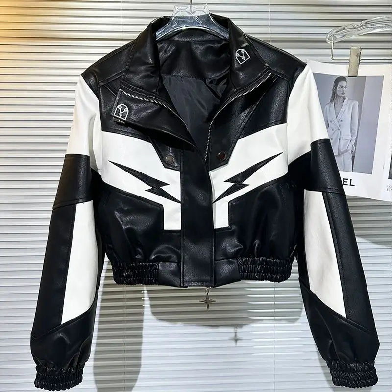 Fashion Women Bomber Jackets Streetwear PU Motocycle Leather Jacket Classic Black White Short Coat Spring Autumn Outwear