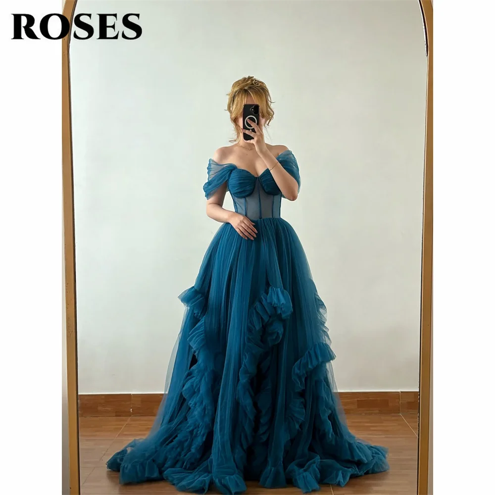 

ROSES Teal Evening Dress Ruffled A Line Tulle Party Dress Off the Shoulder vestidos de fiesta Short Sleeve Prom Gowns Customized