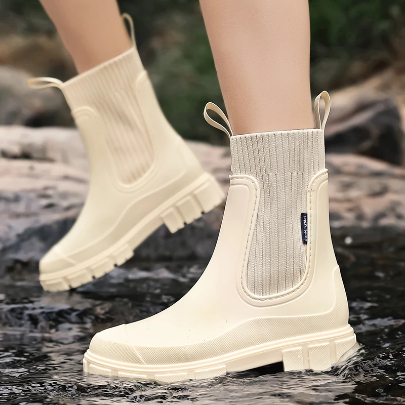 

Women's Fashion Chelsea Mid-Calf Rain Shoes Elastic Rain Boots Non-Slip Wear-Resistant Waterproof Rubber Boots
