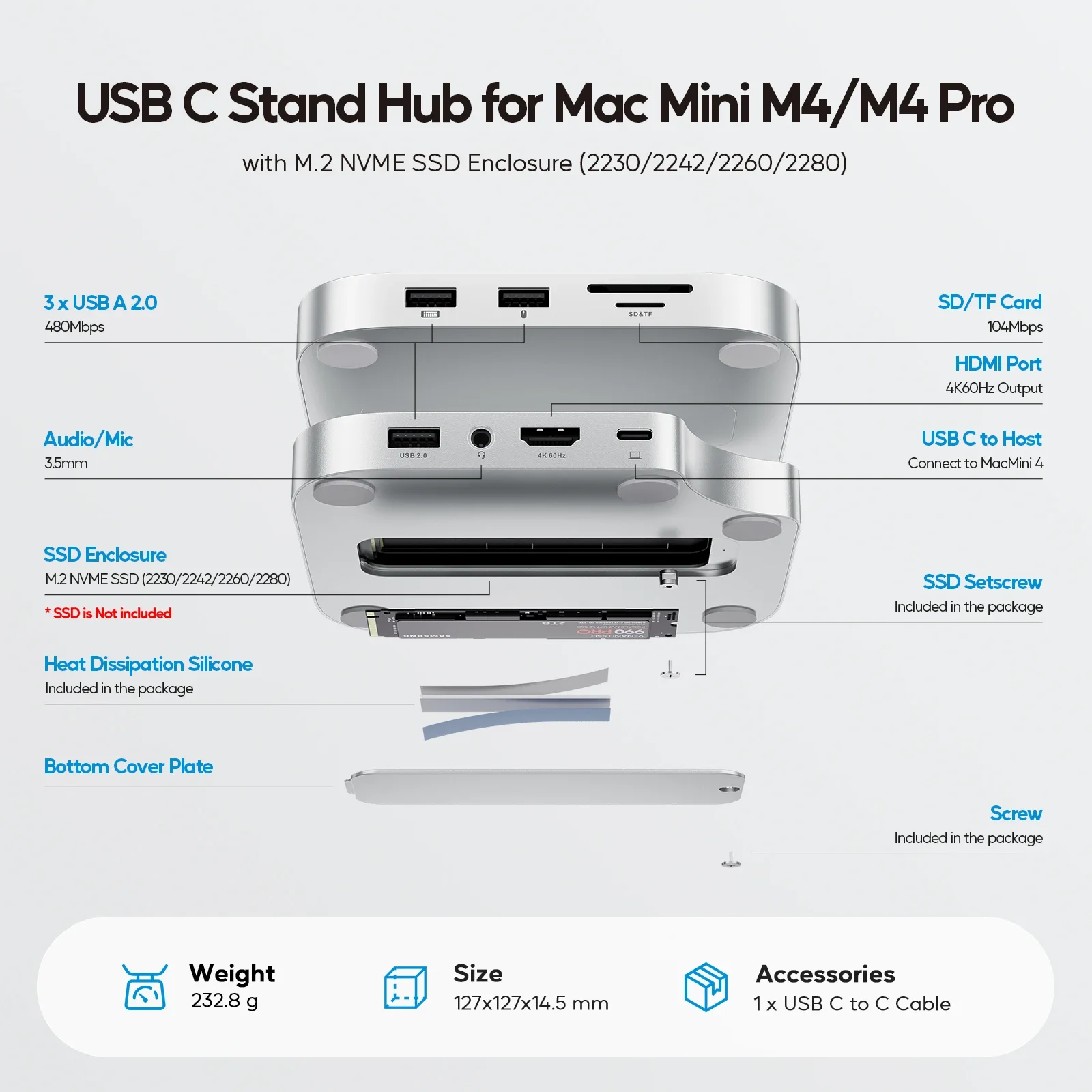 Mac Mini M4 Dock with 4TB SSD Enclosure, HDMI 4K 60Hz, USB A 2.0, SD/TF, Audio for Mac Mini M6, M5 Pro, M4/ M4 Pro