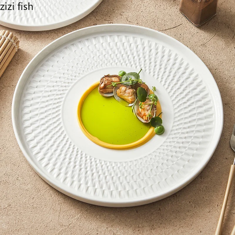 Relief Texture Ceramic Straight Edge Plate Restaurant Steak Plate Serving Plate Dessert Dim Sum Plates Specialty Tableware