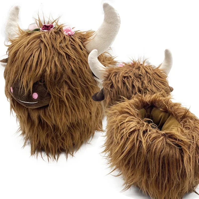 Highland Cattle Slippers Scottish Cow Slippers Brown Home Kawaii Plush Anime Slipper Winter Warm Adult Kid Slides Stuffed Animal