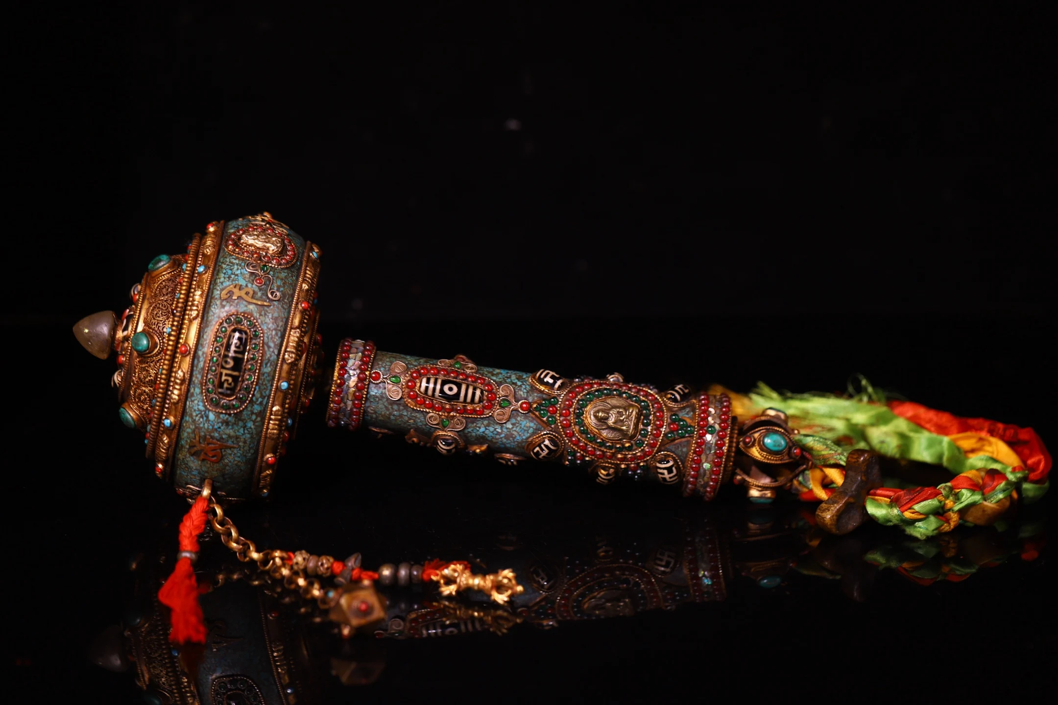 

14"Old Tibetan Silver Mosaic Gem gZi Beads Shell Shakyamuni Buddha Turning Wheel Old scriptures Worship Hall Town house