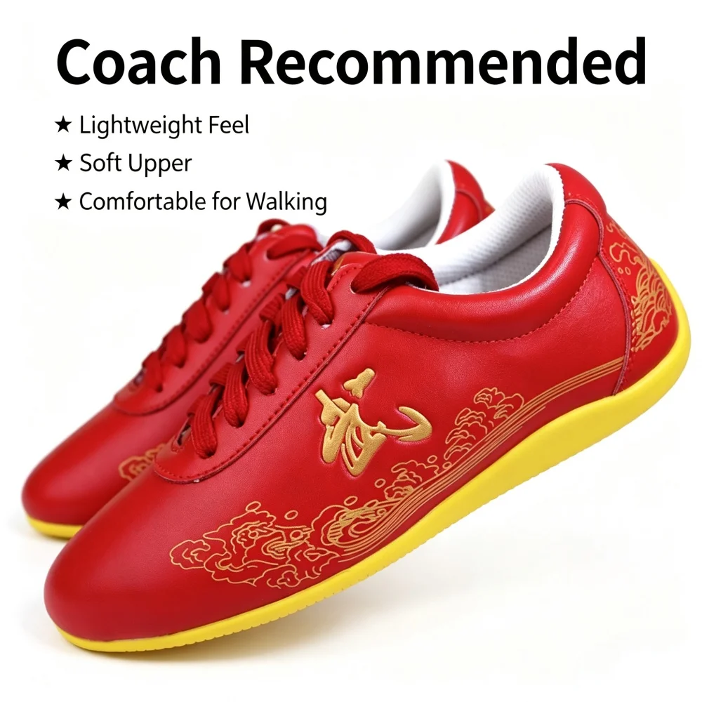Glossy Genuine Leather Kung Fu Shoes Embossed Wu Character Wave Pattern Non-slip Yellow Outsole Tai Chi Wushu Competition Sneake view 3