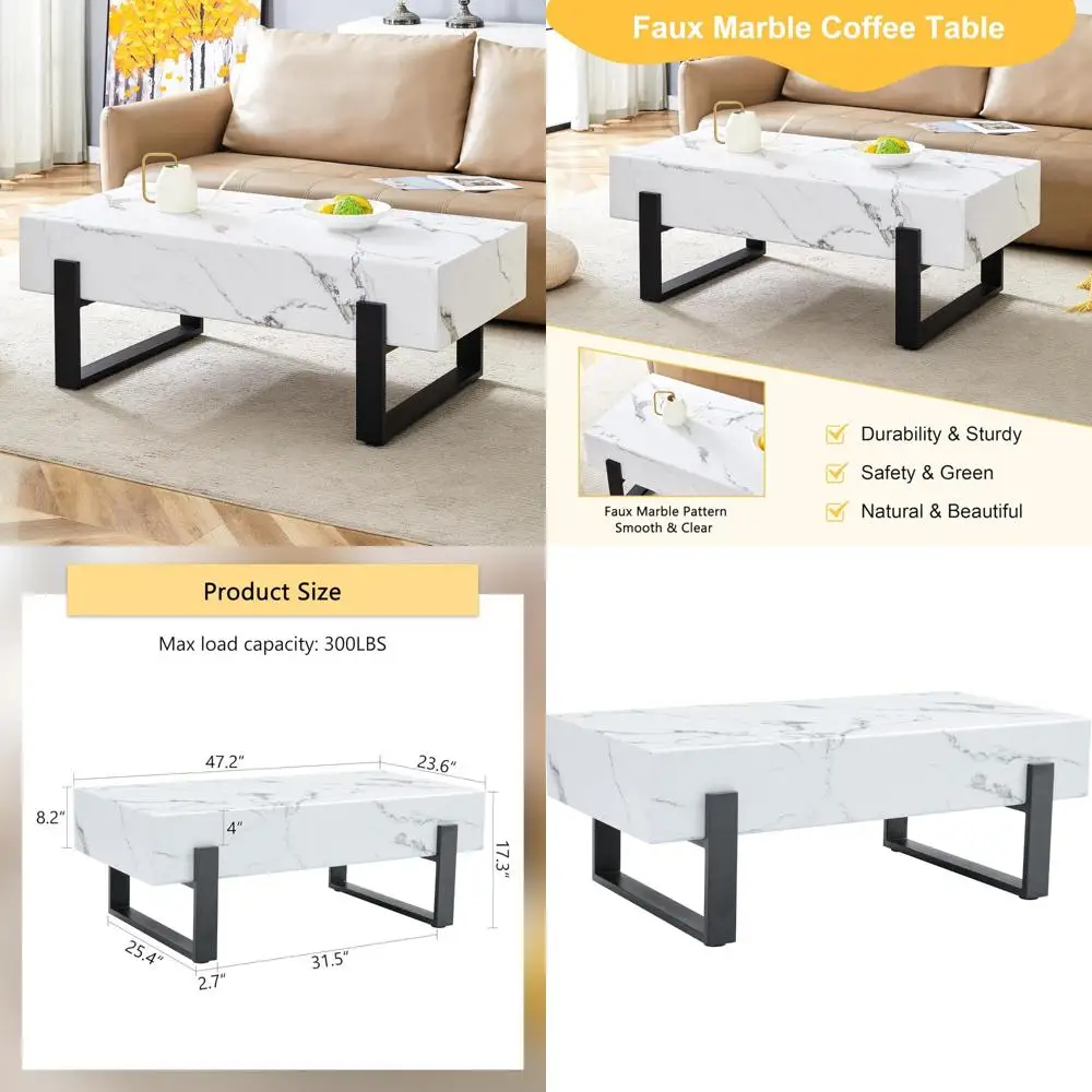 

Marble Patterned Rectangular Coffee Table with Metal Legs for Living Room and Office, Easy to Clean and Maintain