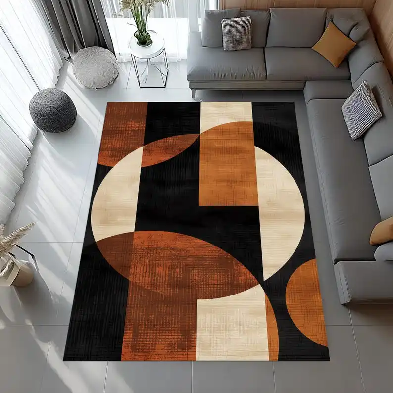Abstract Circle Rug, Burnt Orange Beige Black Carpet, Modern Minimalist Washable Floor Mat
