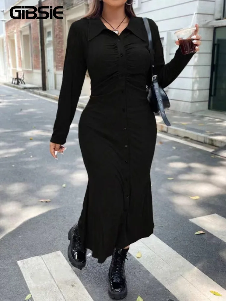 GIBSIE Plus Size 2024 Autumn New Lapel Collar Long Sleeve Black Dress Women Single Breasted Casual Bodycon Maxi Dresses