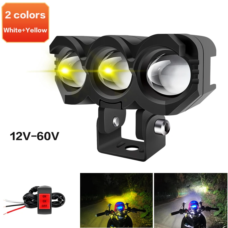 

Motorcycle Auxiliary Headlights Three Eye Lens White/Yellow Hi/Low Beam Spotlight Auxiliary Fog Lamps for OffRoad Truck