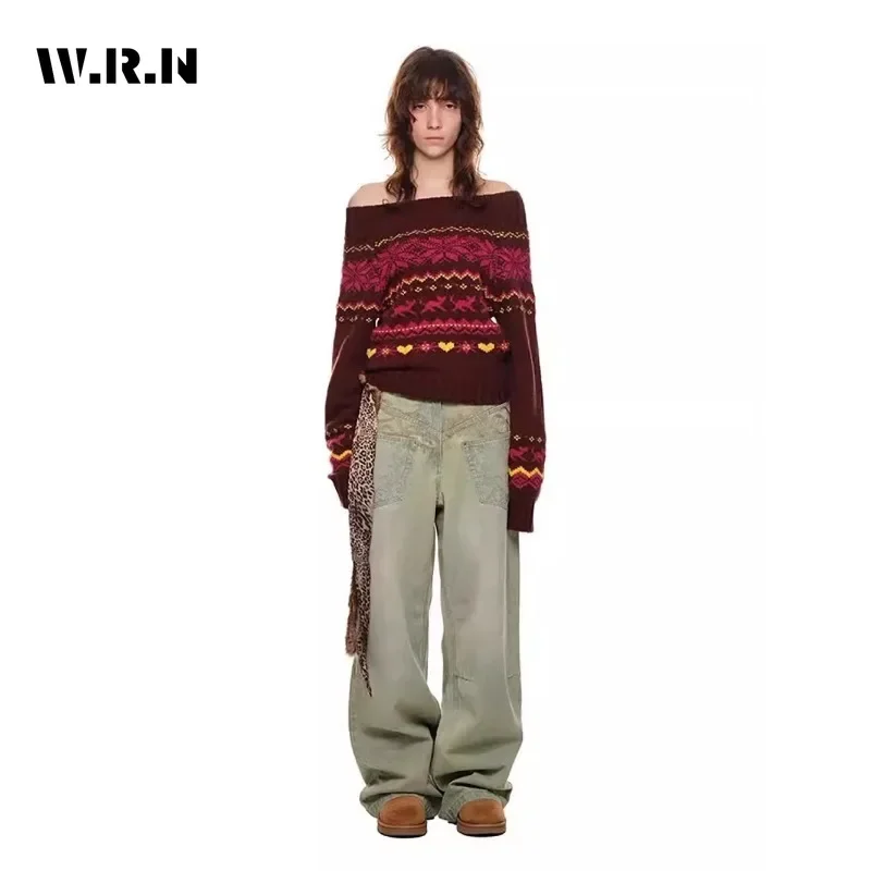 Pullover a maniche lunghe lavorato a maglia con stampa geometrica stile vintage da strada da donna 2025 Maglione grunge allentato con collo slash casual invernale