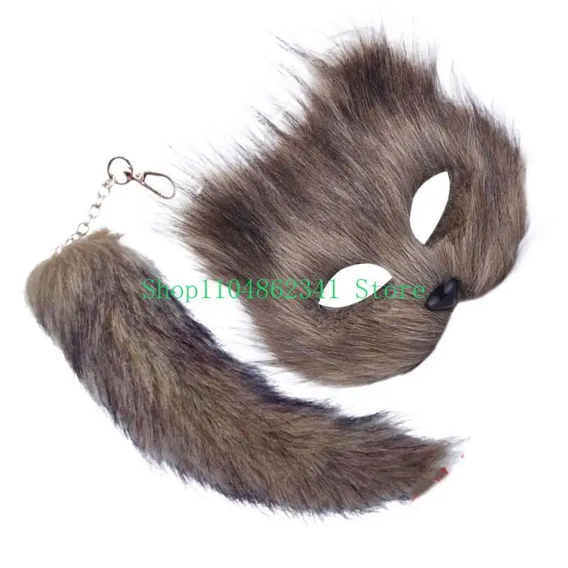 

Therian Mask and Tail Set Halloween Cosplays Costume Accessorie Cats Mask Tail Half Face Faux Furs Foxes Tail Cats Mask