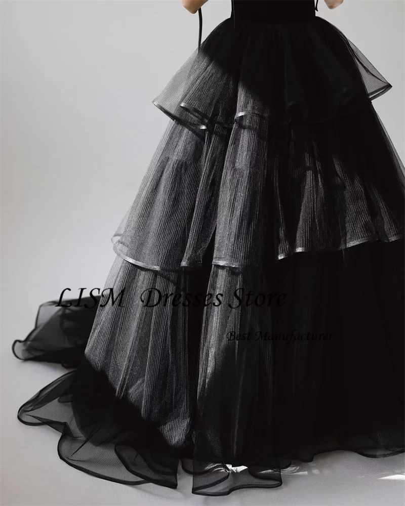 فساتين سهرة عصرية من التول الأسود من LISM لحفلات الزفاف الكورية وحفلات الزفاف وحمالات رفيعة بطول الأرض فساتين العروس مشد الظهر