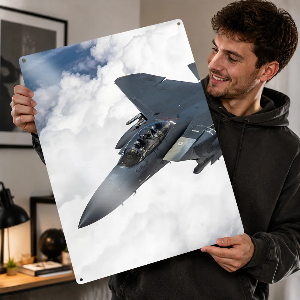 Fighter Jet Above Clouds Printed Poster Customized Aluminum Metal Sign Striking Pilot Heritage Wall Art Ideal For Home Offices