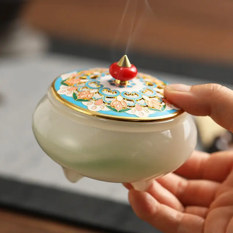 

Zen Style Glazed Jadeite Home Incense Burner Sandalwood Burner Enamel Color Cover Plate Incense Burner Chinese Tea Ceremony Orna
