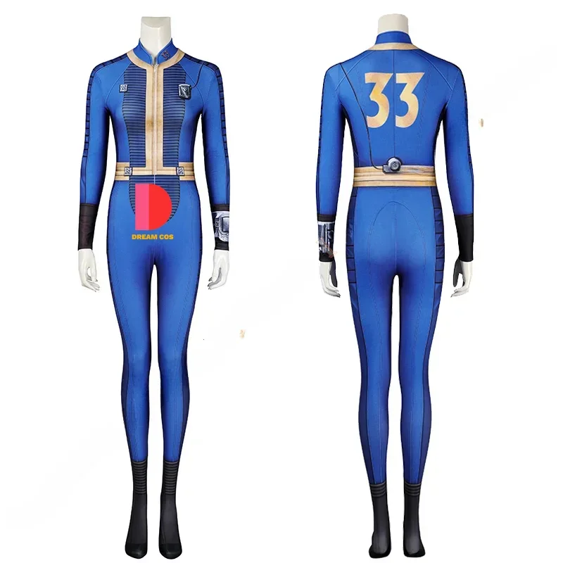 Cos Lucy Cosplay Costume Vault 33 Female Suit Jumpsuit Blue Uniform Arm Props Halloween Party Women Elegant Anime Outfit Popular