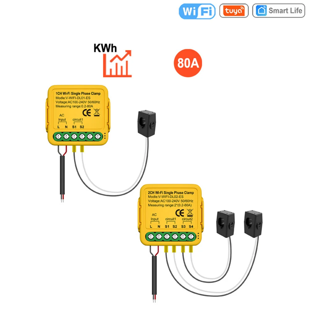 Tuya WiFi Smart Single Phase Clamp Energy Meter Bidirection 1/2 Channel App Monitor Solar Produced An Consumed Power AC110V 240V