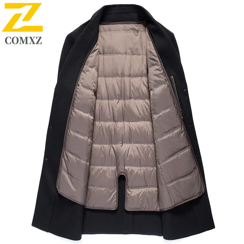 COMXZ Luxury Mens Down Jacket Goose Down Business Casual Warm Puffer Coats Trendy Detachable Inner Layer Lightweight Wool Coat