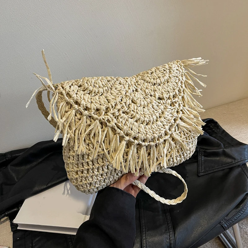 Flap Female Retro Daily Envelope  Crossbody Handbag Summer Beach Women Tassels Straw Rattan Weave Shoulder Bag