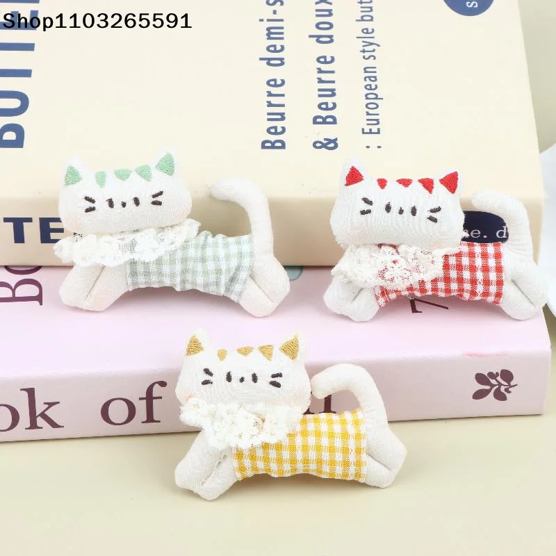 For Brooch Bag Clothes Shoes Hair Decor Handmade Craft Plaid Fabric Stuffed Cat Ornament Cute Plush Kitten Patch DIY Accessory