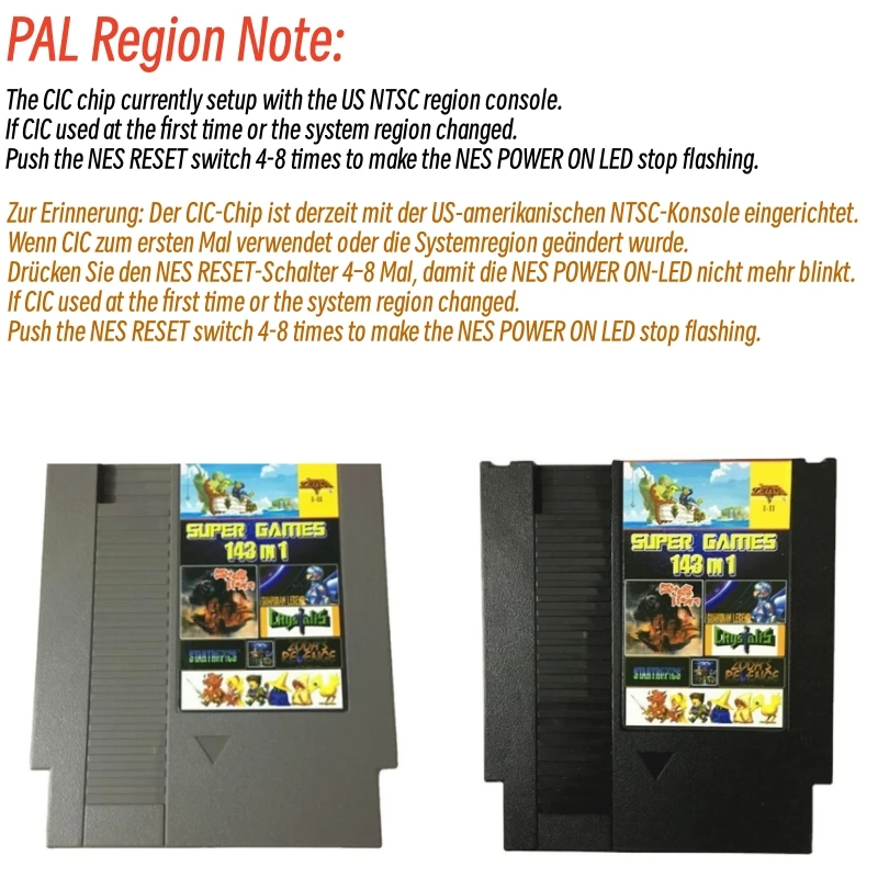 การ์ดเกม8bit ใหม่ล่าสุดสำหรับเครื่องเล่นวิดีโอเกม NES พร้อม143เกมฟรีตลับเกม72พินรองรับเครื่อง PAL และ NTSC