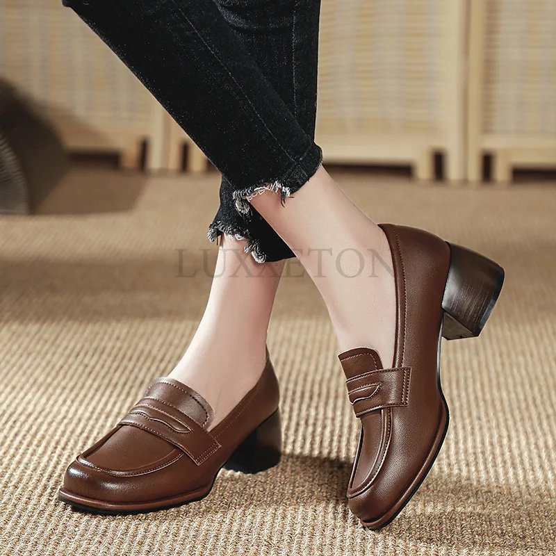 Pumps Women\'s Shoes Spring and Autumn New Style Fashion Shallow Mouth Comfortable Casual Square Toe Concise Retro Plus Size