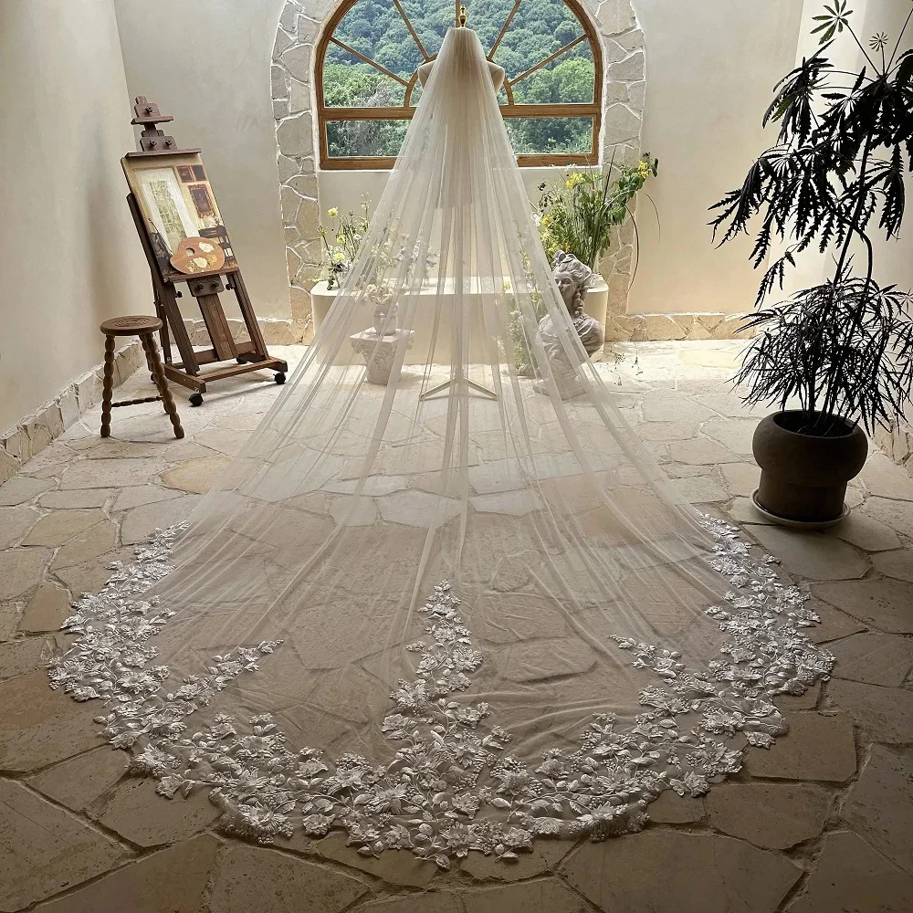 

Lace 3 Meters Wedding Veil White Ivory Champagne Cathedral Bride Veil Luxury Floral Applique Wedding Accessories