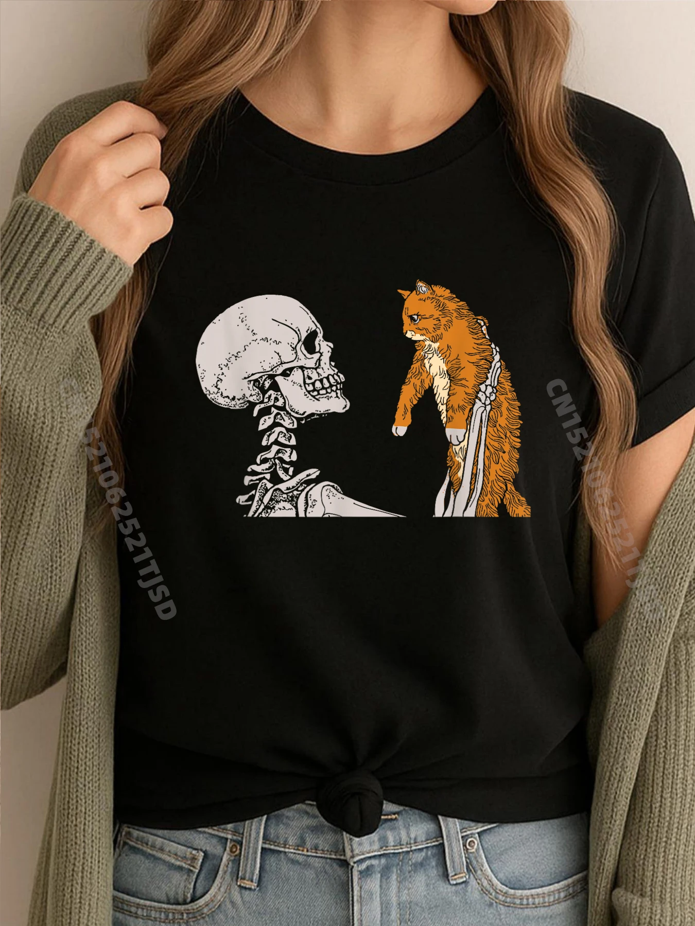 

Скелет Кот Милый Котенок Забавный Хэллоуин Женщина Девушка Брендовая Футболка Уличная Одежда