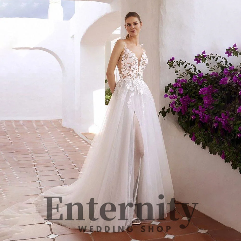 

A Line High Split Wedding Dress Backless Floor-length Spaghetti Strap Charming Lace Applique Bridal Gown 2024 Vestidos De Novi