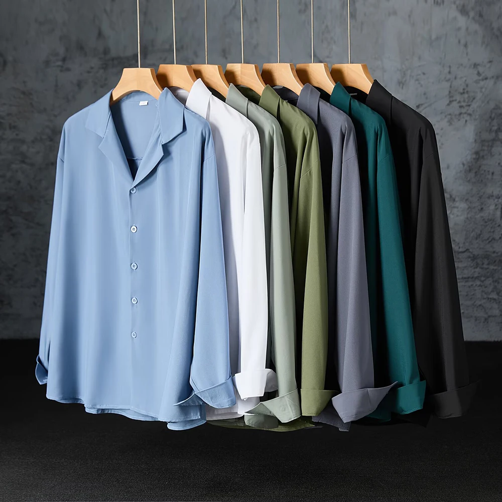 

Men's Long Sleeve Loose Fit Ice Silk Outerwear 2025 Autumn Draped Feel Versatile Shirt Single Breasted Button-Up Male Tops