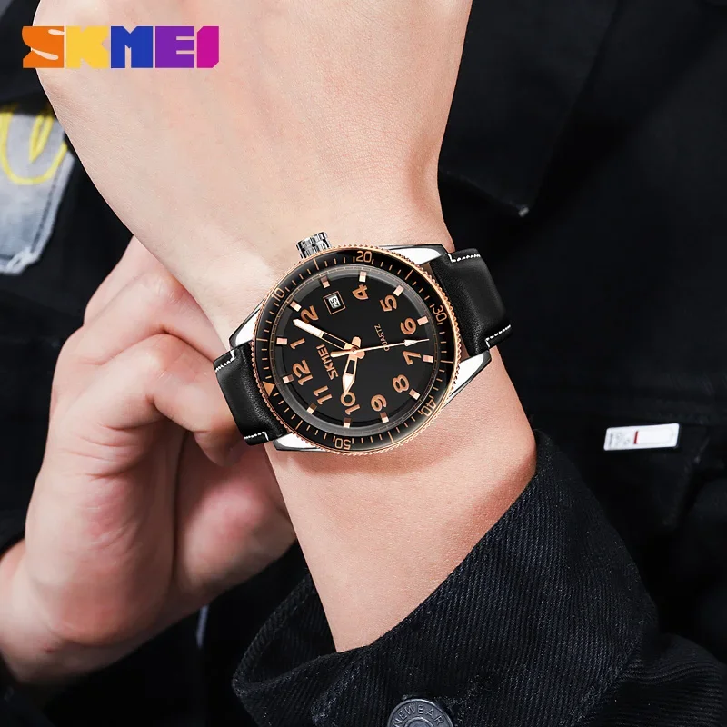 SKMEI 9232 Luxury Men\'s Quartz Watches Leather Strap Wristwatches Calendar Sport Waterproof Simple Dial Watch Men reloj hombre