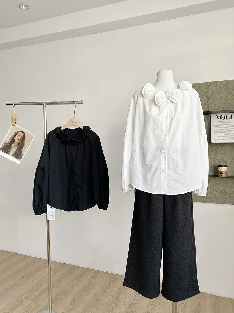 

Spring 2026 Loose Fit Long Sleeve round Neck Shirt Korean Design Sensation 3D Flower Print Versatile Slimming Effect Top