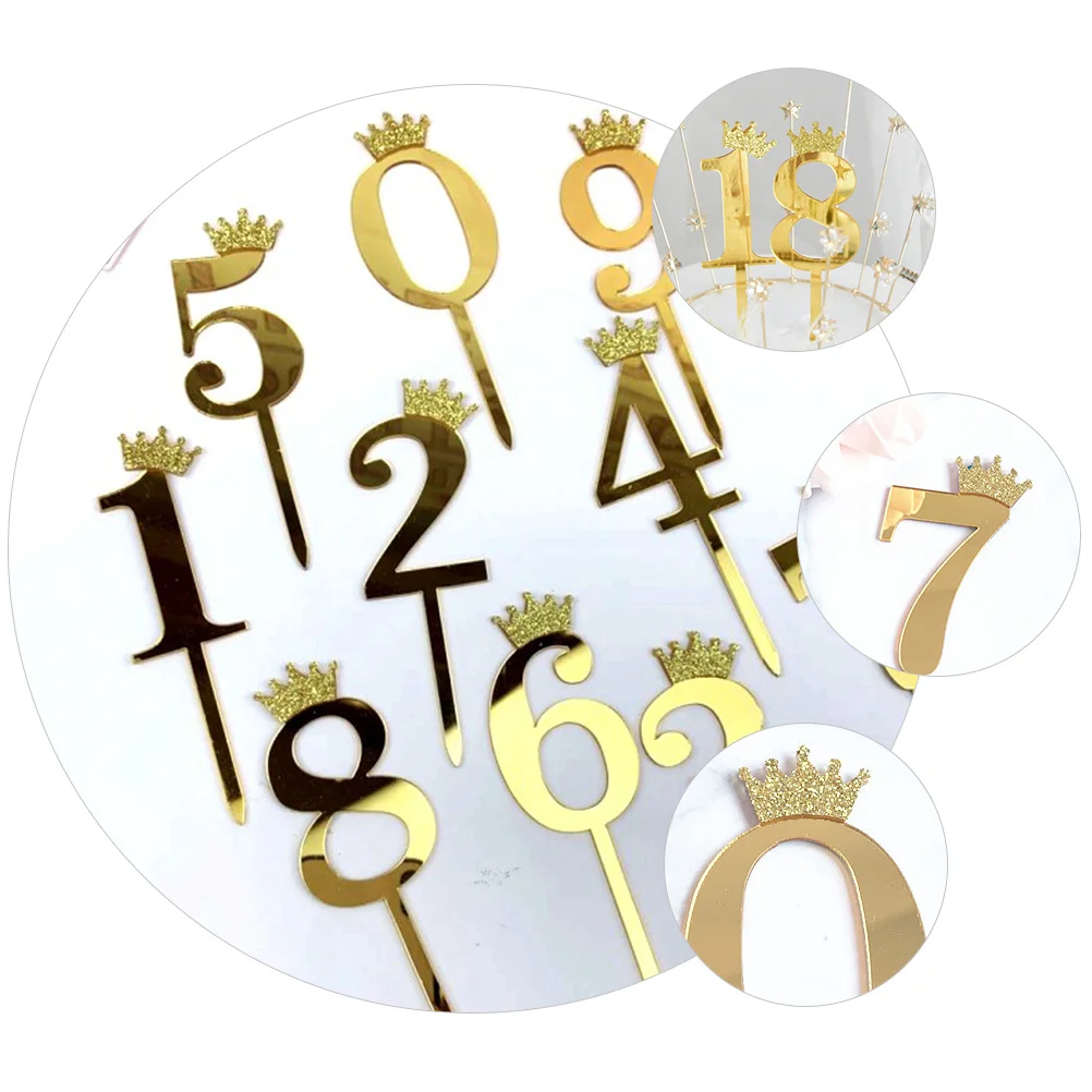 

10Pcs Birthday Crown Number Cake Toppers Eco Friendly Acrylic Cake Inserts Cupcake Dessert Decoration Party Ornament