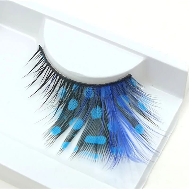 1 Pair Handmade False Eyelashes Color False Eye Lashes Blue Dot Thick Feather False Eyelashes for Eye Performance Party Makeup