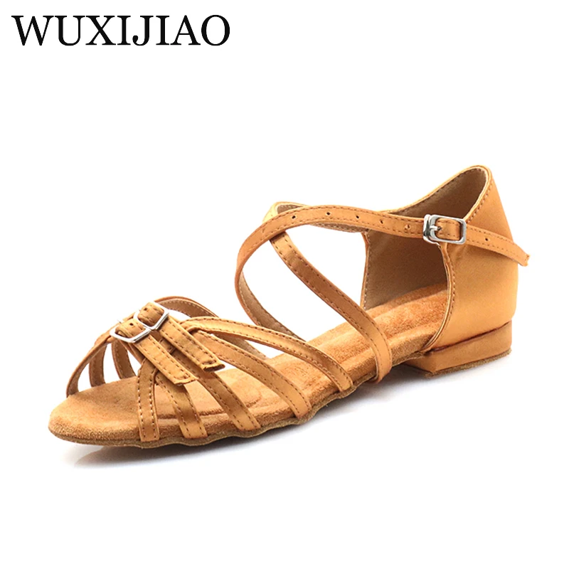 Ladies/Children Latin Dance Shoes with Barefoot Satin Ankle Strap and Low Heel Cha Cha Lombard Samba Performance Training