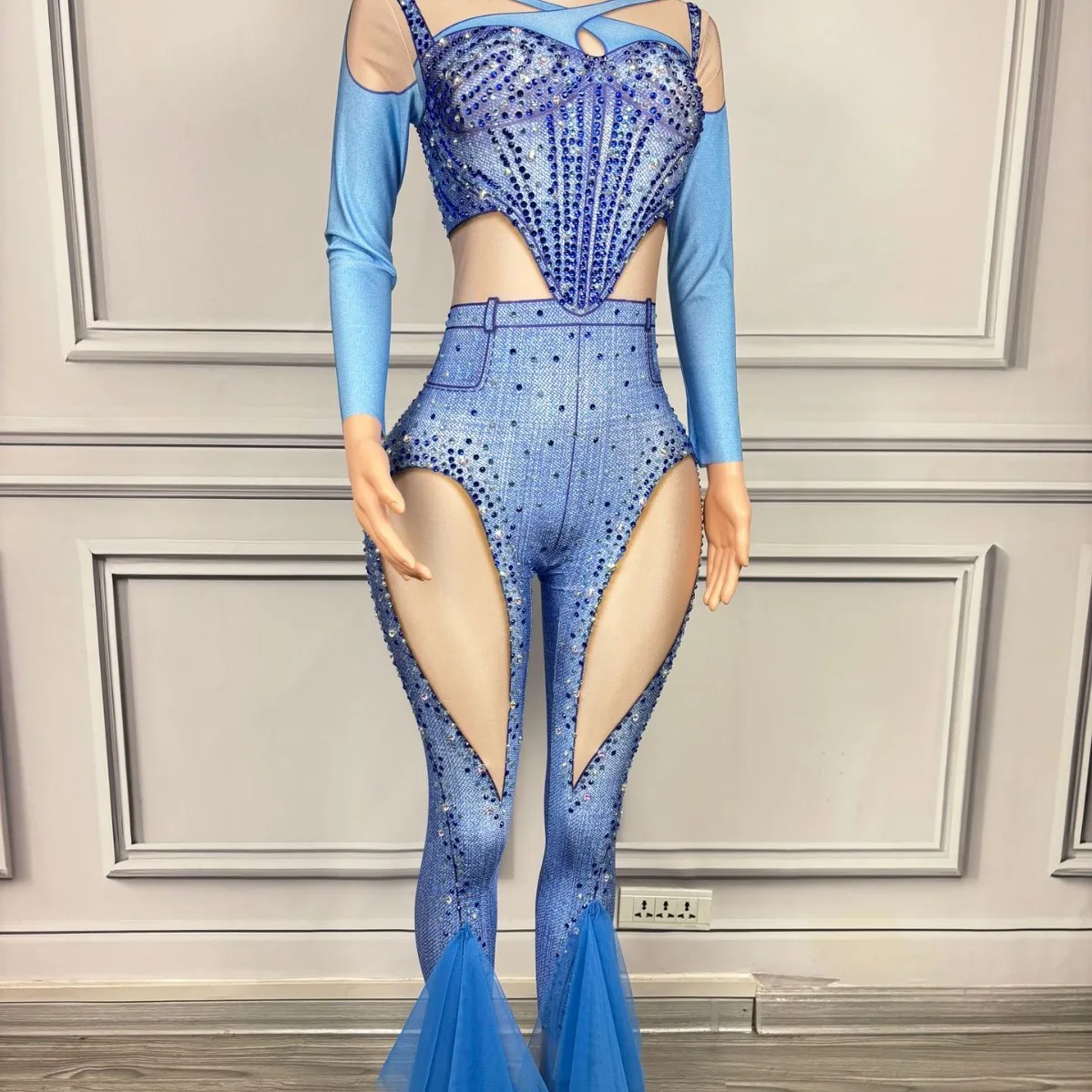 Blue rhinestone tight hip skirt European and American nightclub stage performance clothes party clothes stage host performance