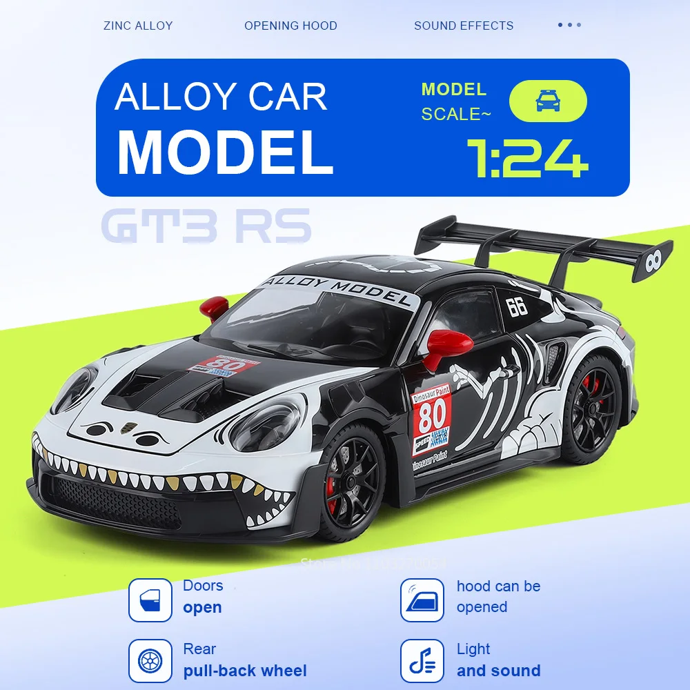 

1:24 911 GT3 RS Miniature Sportcar Alloy Diecast Toy Model Shock Absorption Doors Opened Sound Light Vehice Collectible Ornament