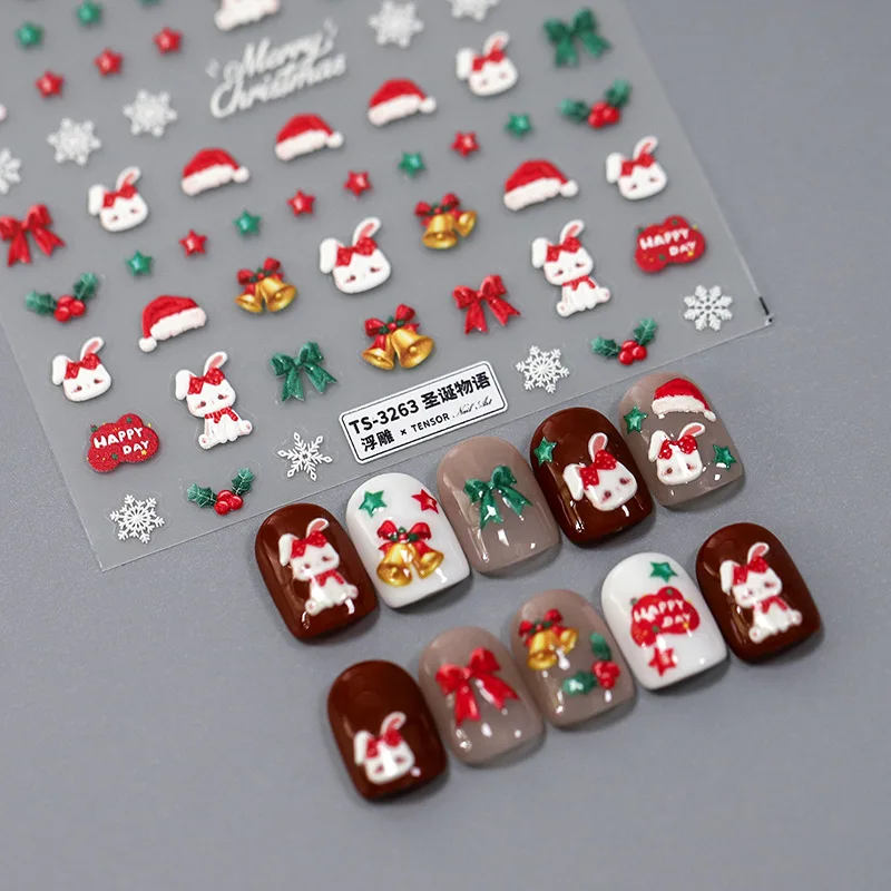 Embossed Thin Tough Nail Stickers Self Adhesive Christmas Story Premium Vinyl Glossy Finish for Women Party Decor