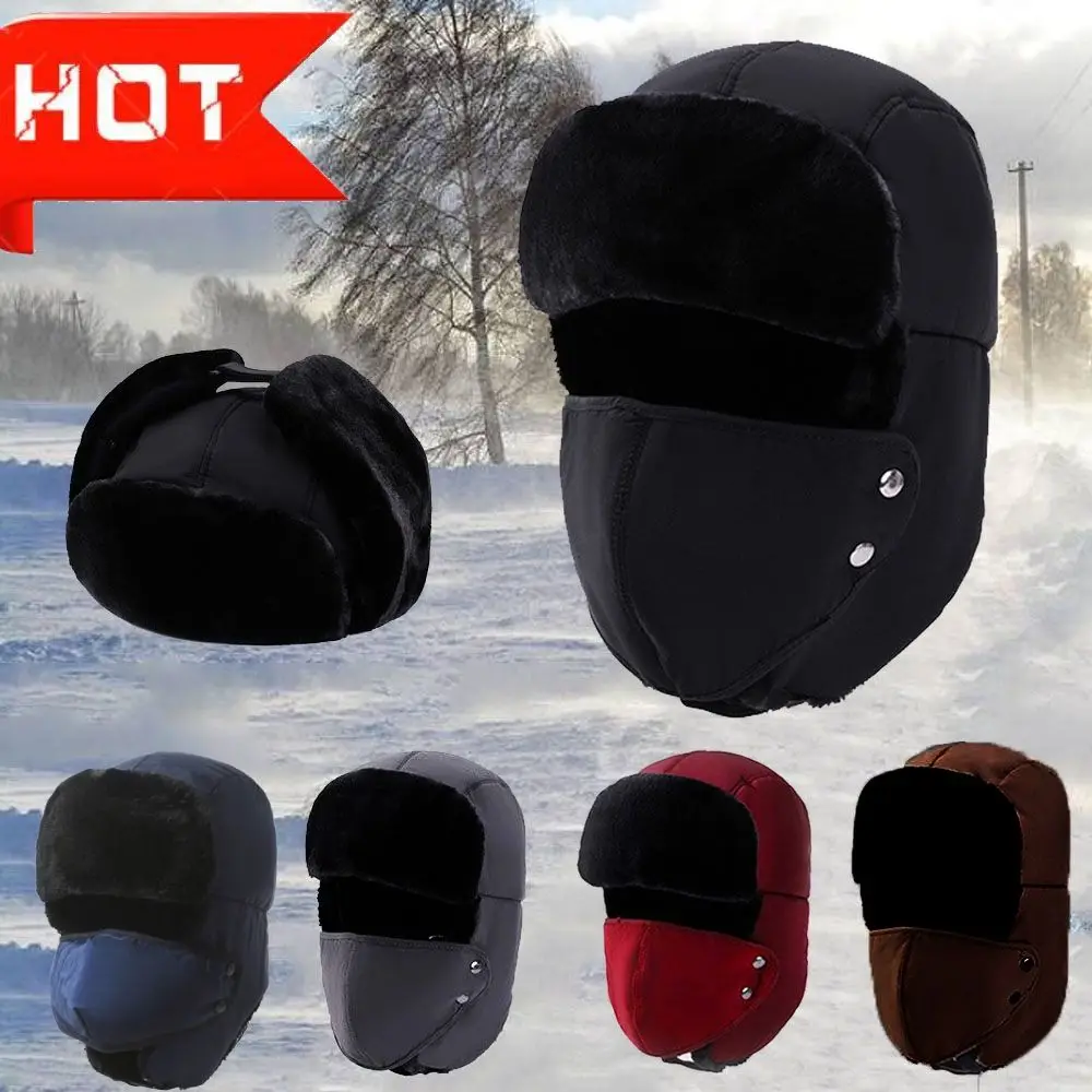 Windproof Winter Bomber Hats Thickened Ear Protection Warm Snow Cap With Earflap Mask Cotton Winter Ski Caps for Men Women