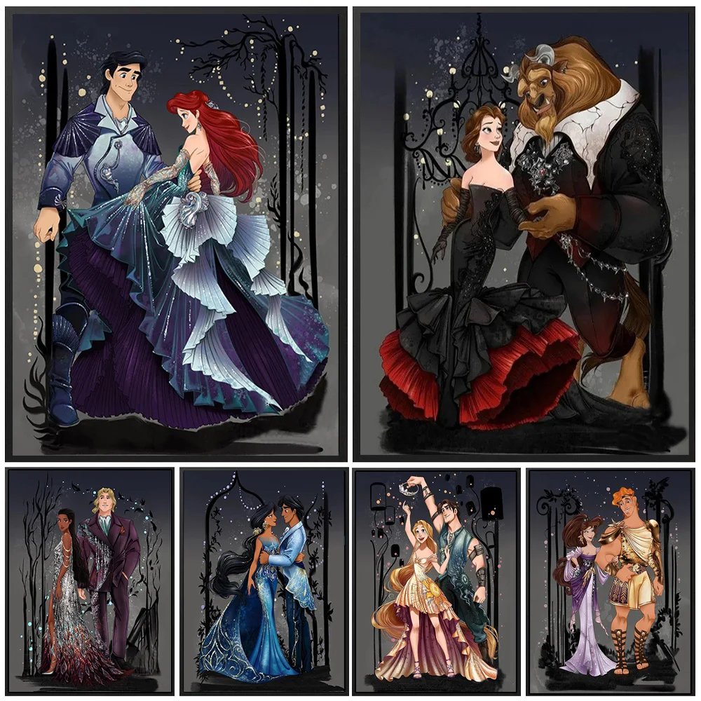 Disney Princess and Prince Wedding Dream Vintage Canvas Painting Wall Art Cartoon Poster and Prints Living Room Home Decor Gifts