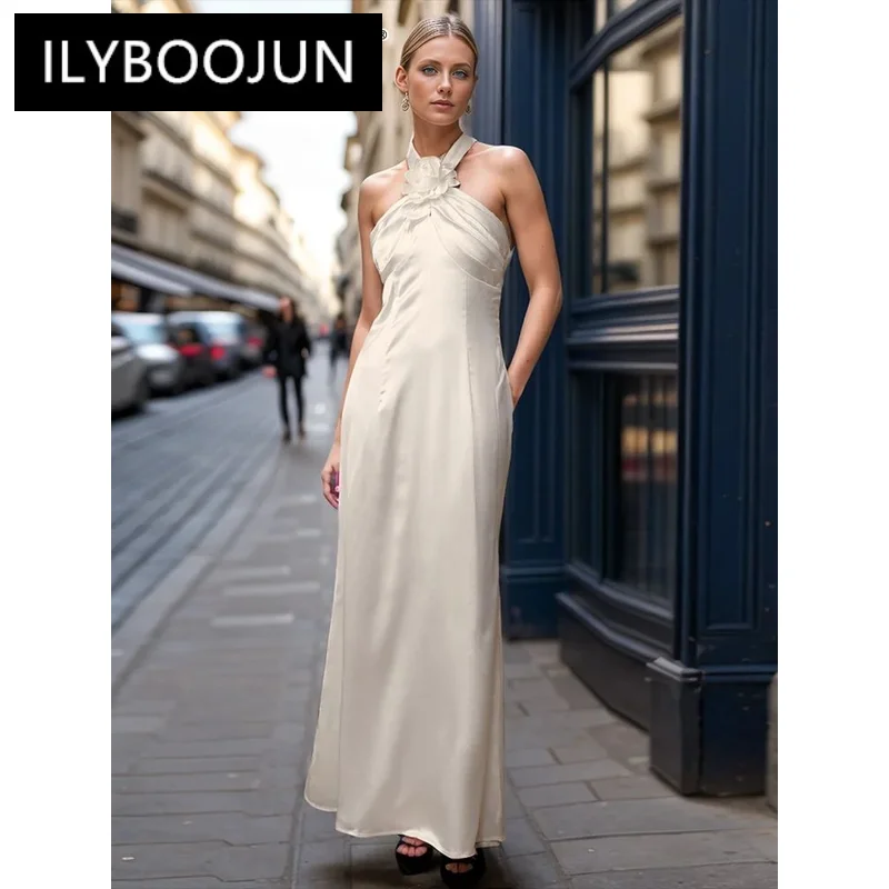 ILYBOOJUN Sexy Spliced Appliques Dress For Women Halter Sleeveless Backless High Waist Bodycon Formal Dresses Female Fashion