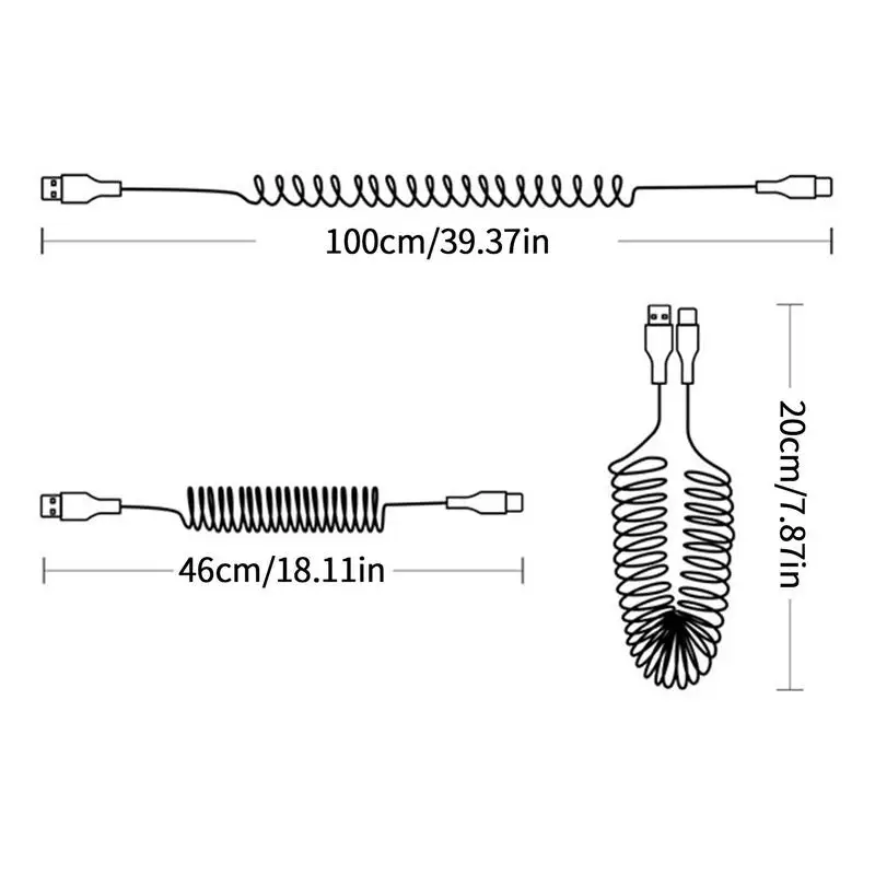 สายชาร์จแบตเตอรี่ | สายเคเบิลชนิด C ยืดหยุ่นได้สำหรับรถยนต์ | สายดาต้า USB Type C แบบยืดหดได้1.5M/4.92 FT หรือ1M/3.28ft