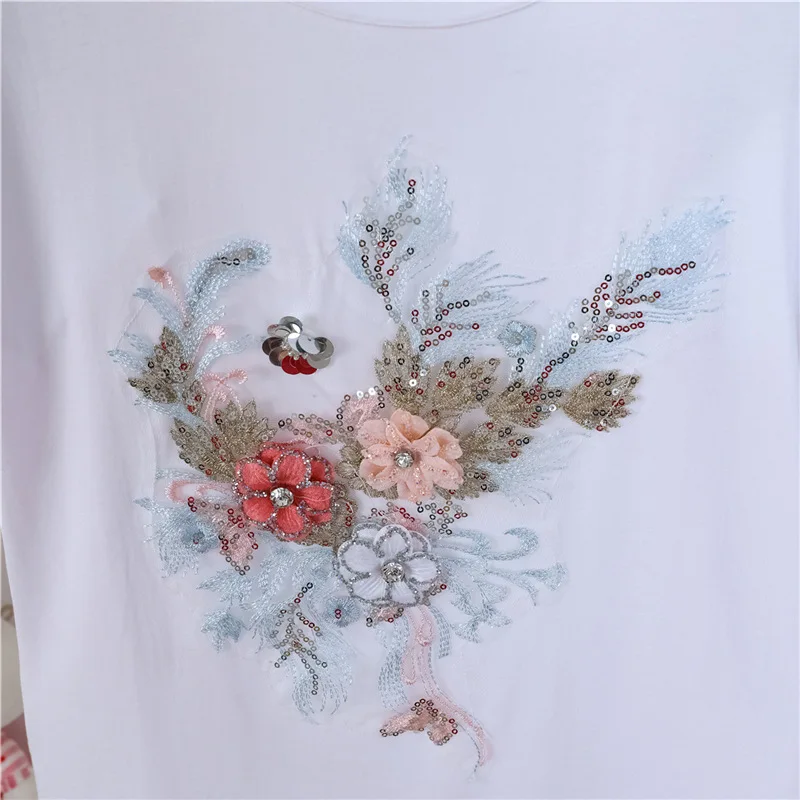 New2024Summer Short Sleeve Cotton Flower Creative Loose Pure White Comfortable T-shirt round Neck Beautiful and Beautiful