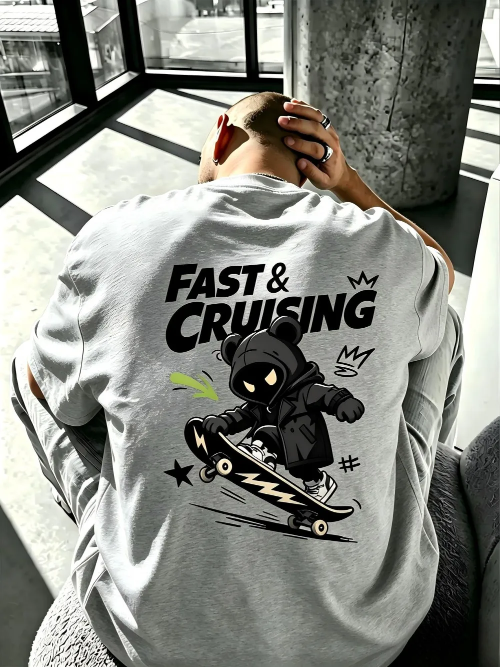 New Men's Summer Skateboarding Teddy Bear Letter Printed Micro Elastic Breathable Round Neck T-shirt Outdoor Street Style Top