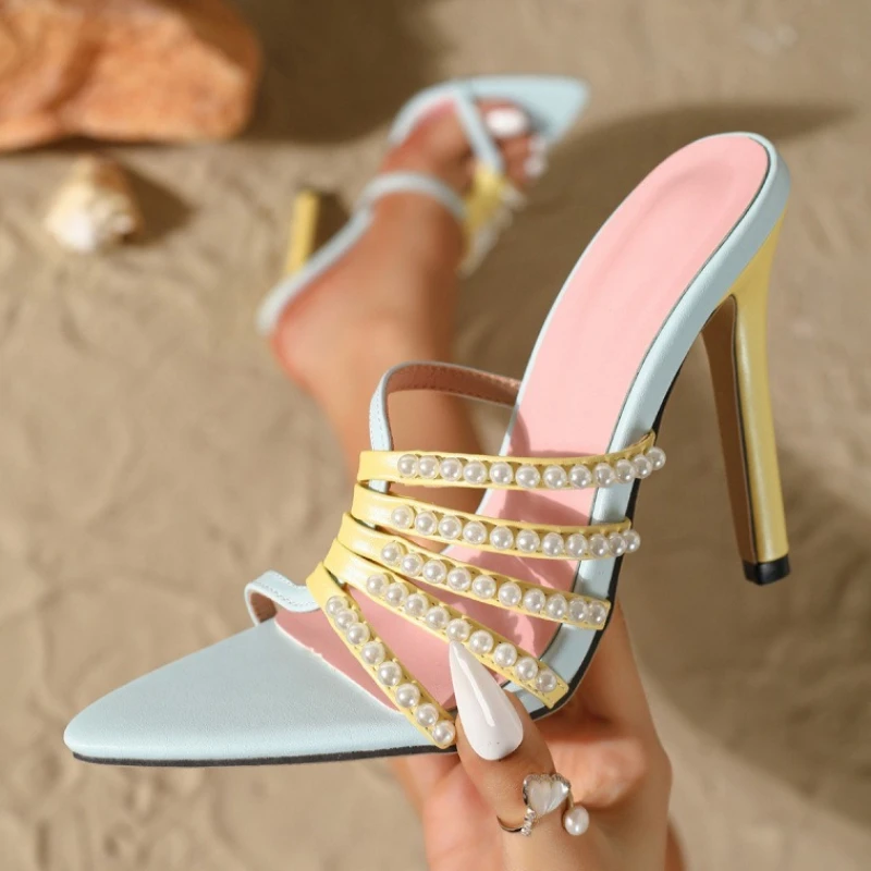 

Luxury String Bead Narrow Band Design Slippers Women Fashion Pointed Toe Open Toe Slide Sandals Sweet Mixed Color Dress Shoes